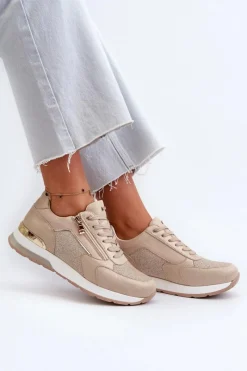 INBLU Sneakersy Damskie Z Brokatem I Suwakiem IN000365 Beżowe