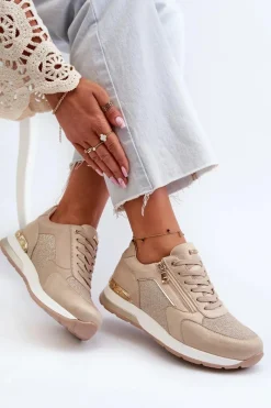 INBLU Sneakersy Damskie Z Brokatem I Suwakiem IN000365 Beżowe