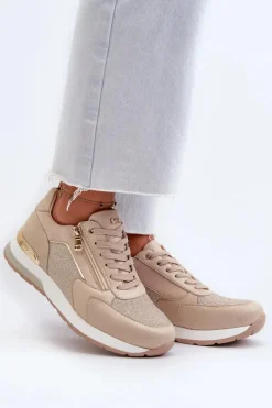 INBLU Sneakersy Damskie Z Brokatem I Suwakiem IN000365 Beżowe