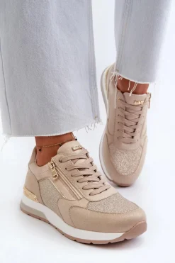 INBLU Sneakersy Damskie Z Brokatem I Suwakiem IN000365 Beżowe