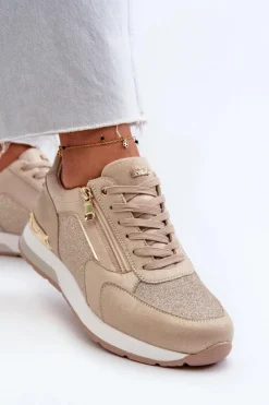INBLU Sneakersy Damskie Z Brokatem I Suwakiem IN000365 Beżowe
