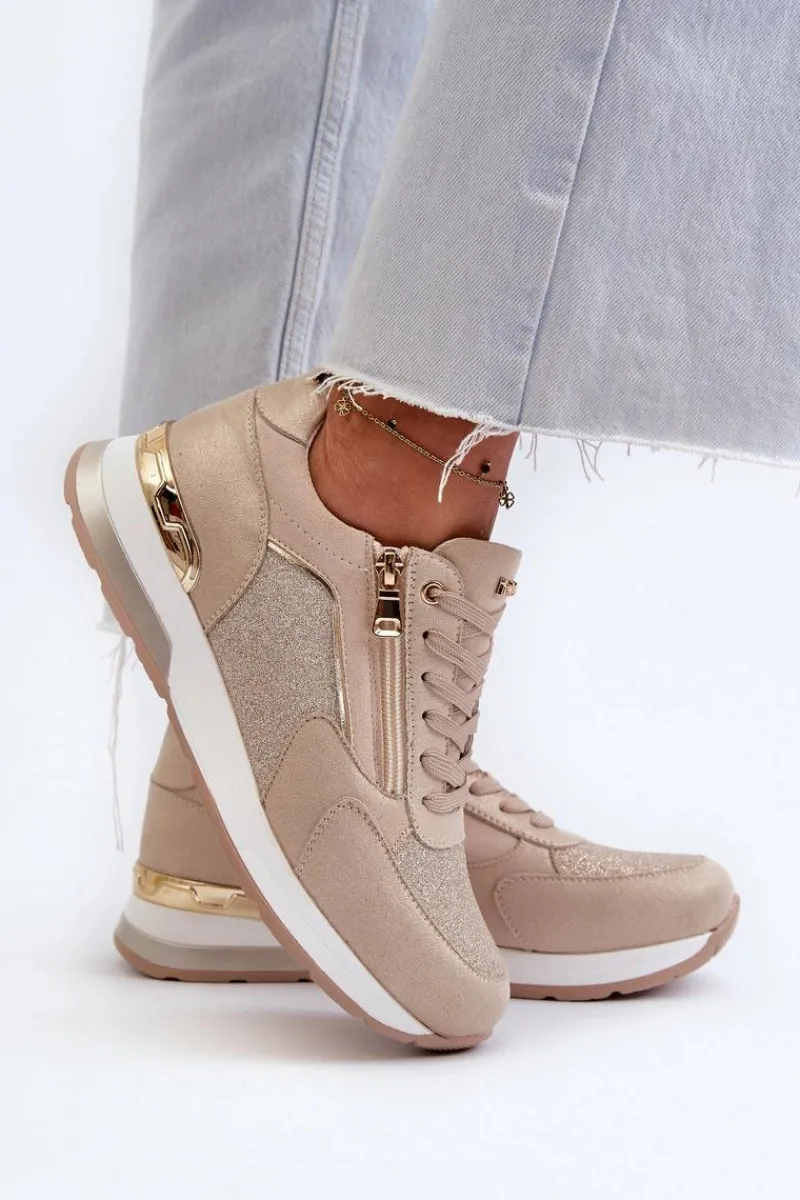 INBLU Sneakersy Damskie Z Brokatem I Suwakiem IN000365 Beżowe