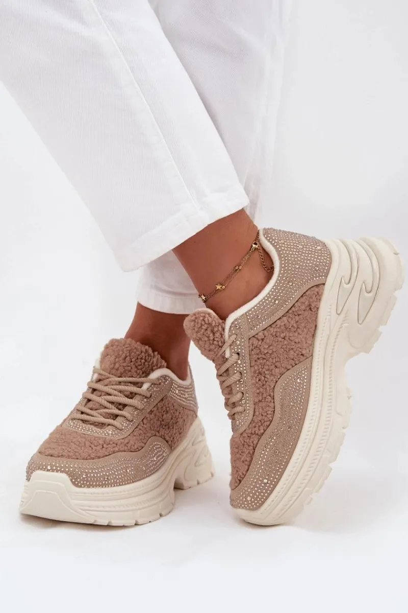 Sneakersy Damskie Z Cyrkoniami I Futerkiem Typu Baranek Beżowe Zarika Damskie Buty Sportowe Na Platformie|Sneakersy Damskie