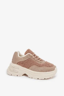 Sneakersy Damskie Z Cyrkoniami I Futerkiem Typu Baranek Beżowe Zarika Damskie Buty Sportowe Na Platformie|Sneakersy Damskie
