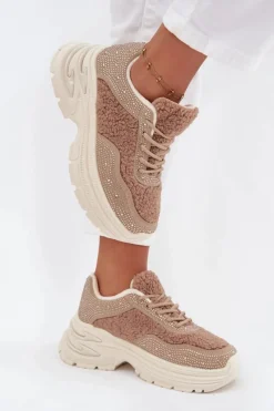 Sneakersy Damskie Z Cyrkoniami I Futerkiem Typu Baranek Beżowe Zarika Damskie Buty Sportowe Na Platformie|Sneakersy Damskie