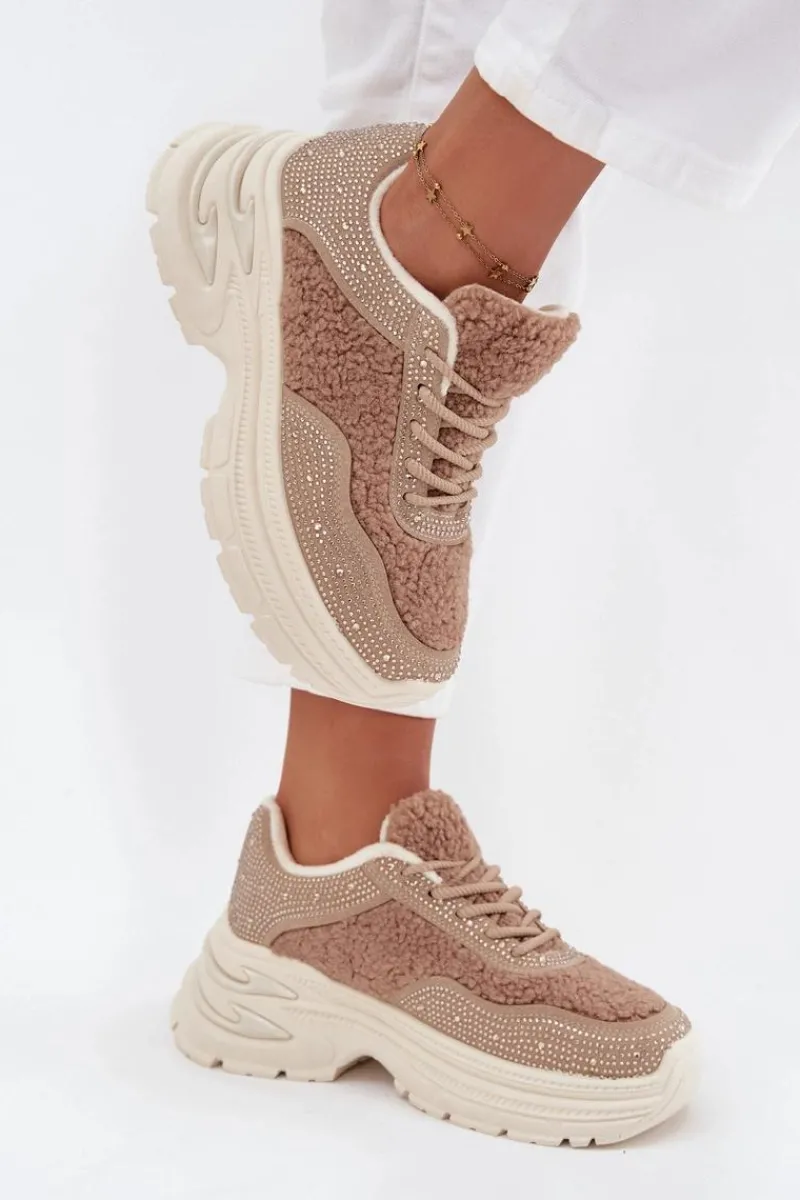 Sneakersy Damskie Z Cyrkoniami I Futerkiem Typu Baranek Beżowe Zarika Damskie Buty Sportowe Na Platformie|Sneakersy Damskie