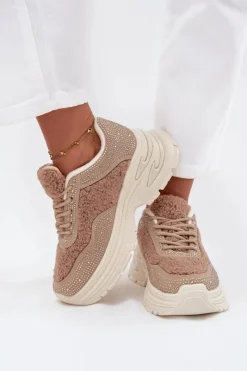 Sneakersy Damskie Z Cyrkoniami I Futerkiem Typu Baranek Beżowe Zarika Damskie Buty Sportowe Na Platformie|Sneakersy Damskie