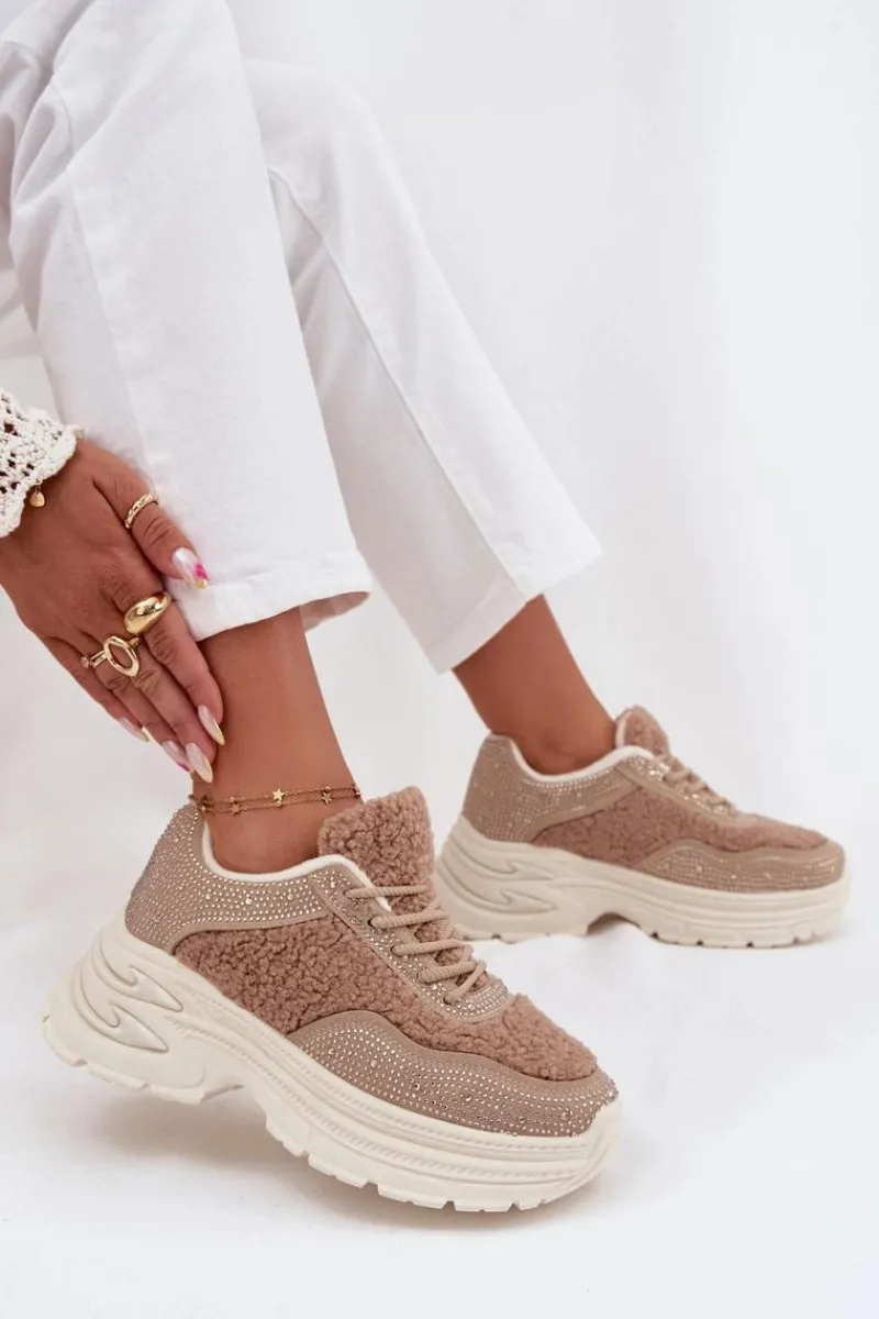 Sneakersy Damskie Z Cyrkoniami I Futerkiem Typu Baranek Beżowe Zarika Damskie Buty Sportowe Na Platformie|Sneakersy Damskie