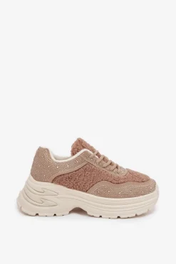 Sneakersy Damskie Z Cyrkoniami I Futerkiem Typu Baranek Beżowe Zarika Damskie Buty Sportowe Na Platformie|Sneakersy Damskie