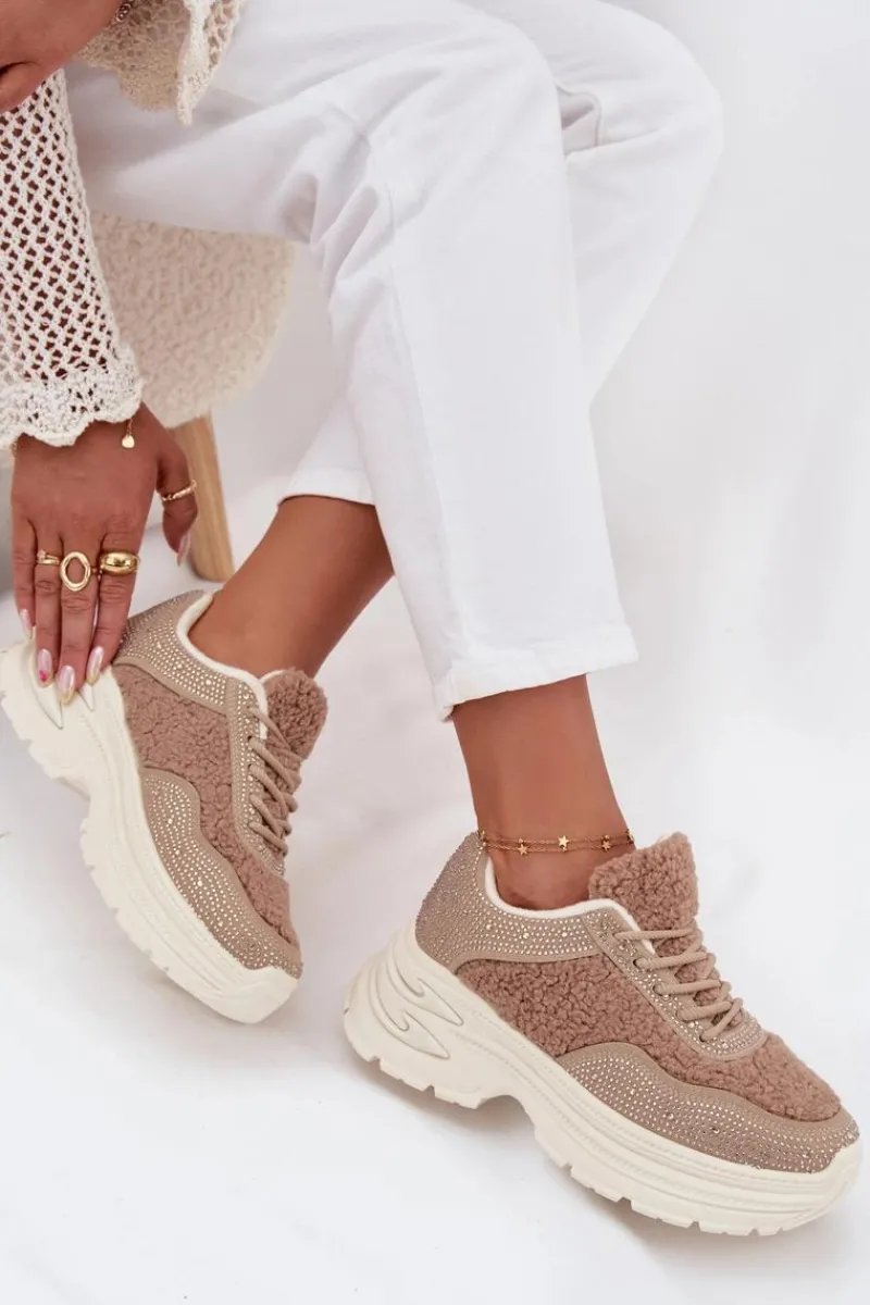 Sneakersy Damskie Z Cyrkoniami I Futerkiem Typu Baranek Beżowe Zarika Damskie Buty Sportowe Na Platformie|Sneakersy Damskie