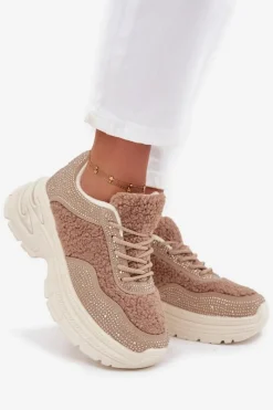 Sneakersy Damskie Z Cyrkoniami I Futerkiem Typu Baranek Beżowe Zarika Damskie Buty Sportowe Na Platformie|Sneakersy Damskie