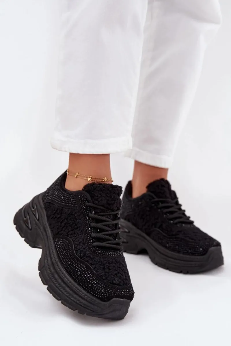 Buty Sportowe Na Platformie|Sneakersy Damskie>Boto Sneakersy Damskie Z Cyrkoniami I Futerkiem Typu Baranek Czarne Zarika Czarny