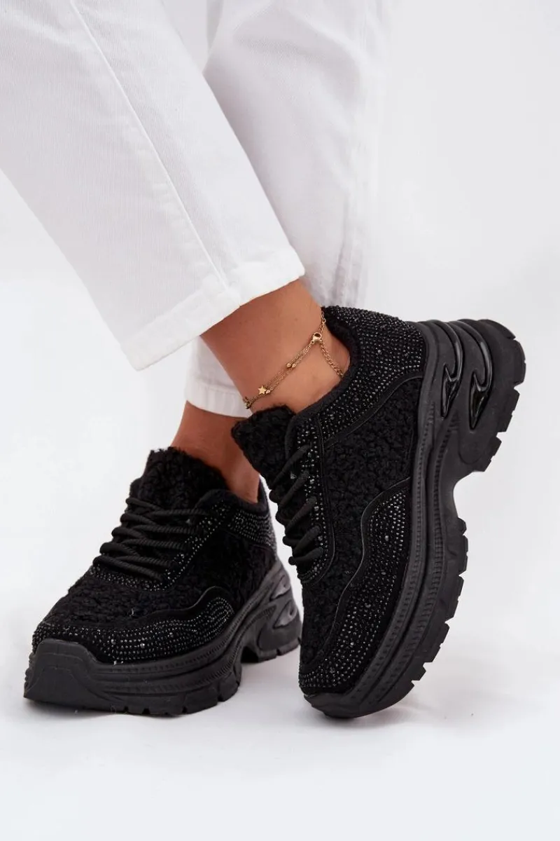 Buty Sportowe Na Platformie|Sneakersy Damskie>Boto Sneakersy Damskie Z Cyrkoniami I Futerkiem Typu Baranek Czarne Zarika Czarny