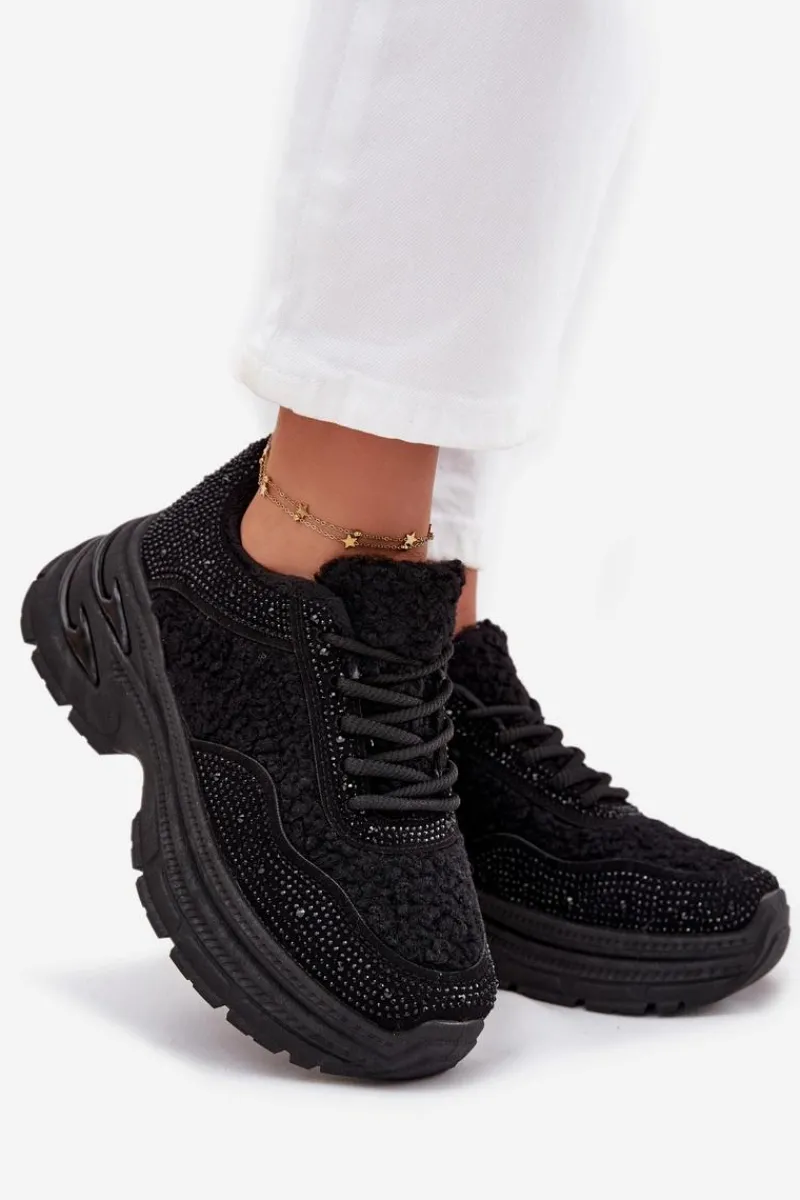 Buty Sportowe Na Platformie|Sneakersy Damskie>Boto Sneakersy Damskie Z Cyrkoniami I Futerkiem Typu Baranek Czarne Zarika Czarny
