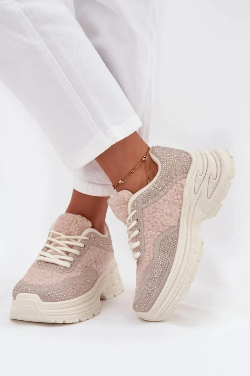 New Boto Sneakersy Damskie Z Cyrkoniami I Futerkiem Typu Baranek Jasnobeżowe Zarika Beżowy