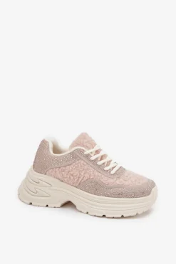 New Boto Sneakersy Damskie Z Cyrkoniami I Futerkiem Typu Baranek Jasnobeżowe Zarika Beżowy