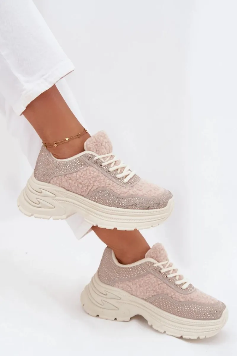 New Boto Sneakersy Damskie Z Cyrkoniami I Futerkiem Typu Baranek Jasnobeżowe Zarika Beżowy