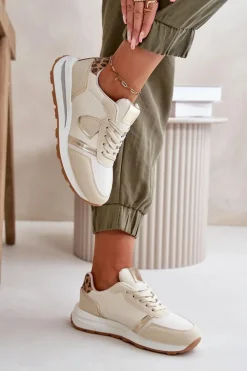 Sneakersy Damskie></noscript>Boto Sneakersy Damskie Z Eko Skóry Beżowe Velaniela