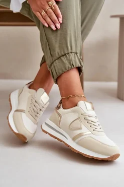 Sneakersy Damskie></noscript>Boto Sneakersy Damskie Z Eko Skóry Beżowe Velaniela