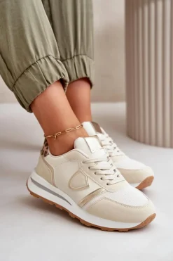 Sneakersy Damskie></noscript>Boto Sneakersy Damskie Z Eko Skóry Beżowe Velaniela