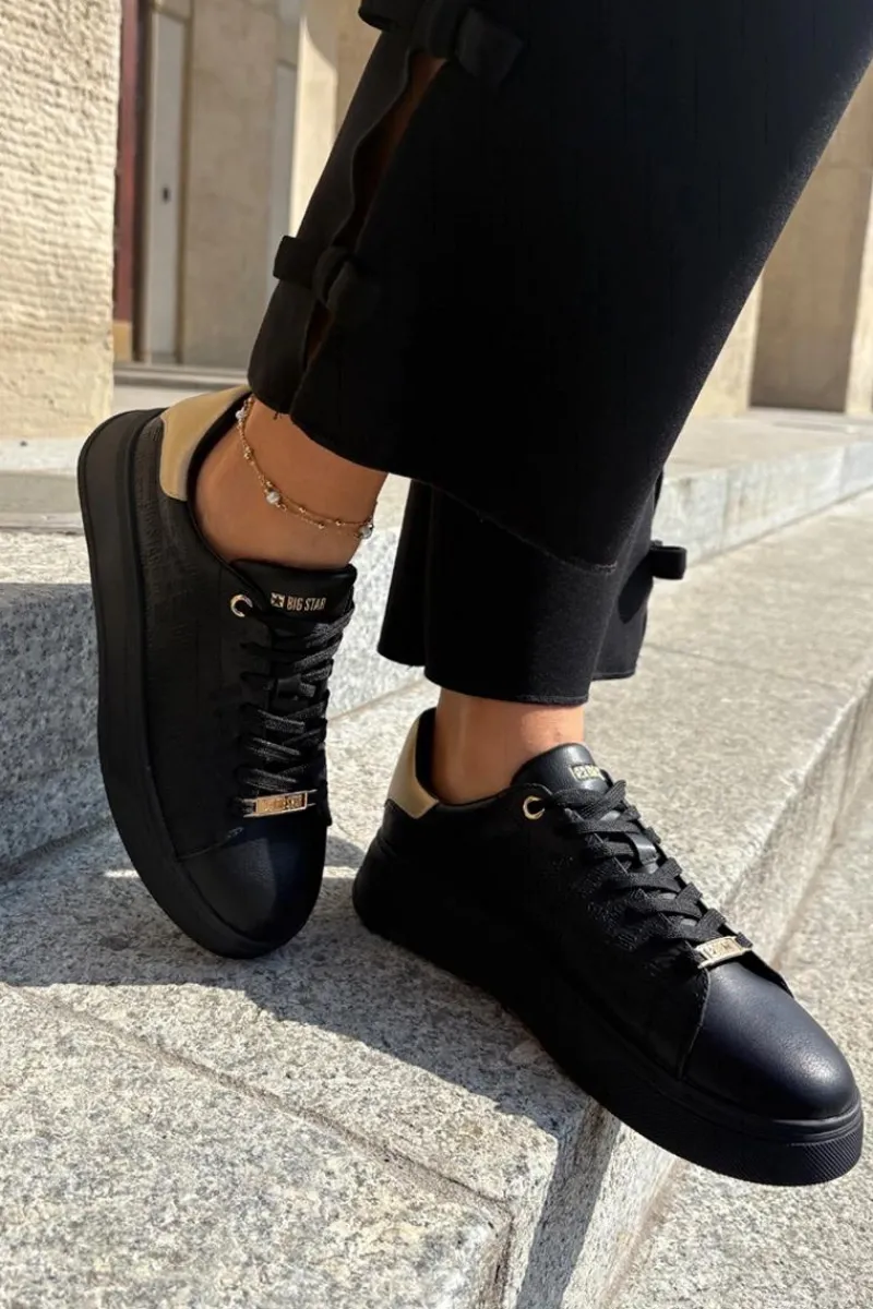 Clearance Big Star Shoes Sneakersy Damskie Z Eko Skóry Big Star RR274257 Czarne Czarny