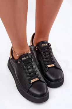 Clearance Big Star Shoes Sneakersy Damskie Z Eko Skóry Big Star RR274257 Czarne Czarny