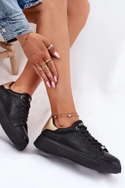 Clearance Big Star Shoes Sneakersy Damskie Z Eko Skóry Big Star RR274257 Czarne Czarny