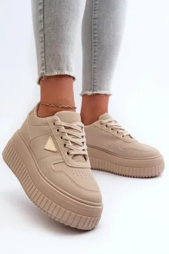 Outlet Sneakersy Damskie Z Eko Skóry Na Masywnej Platformie Beżowe Chrisstin Damskie Sneakersy Damskie