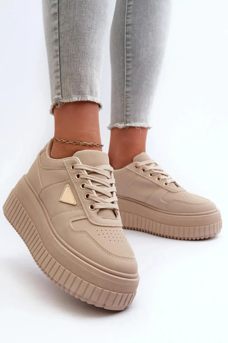 Outlet Sneakersy Damskie Z Eko Skóry Na Masywnej Platformie Beżowe Chrisstin Damskie Sneakersy Damskie