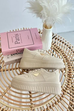 Outlet Sneakersy Damskie Z Eko Skóry Na Masywnej Platformie Beżowe Chrisstin Damskie Sneakersy Damskie