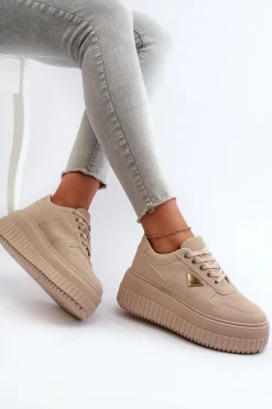 Outlet Sneakersy Damskie Z Eko Skóry Na Masywnej Platformie Beżowe Chrisstin Damskie Sneakersy Damskie