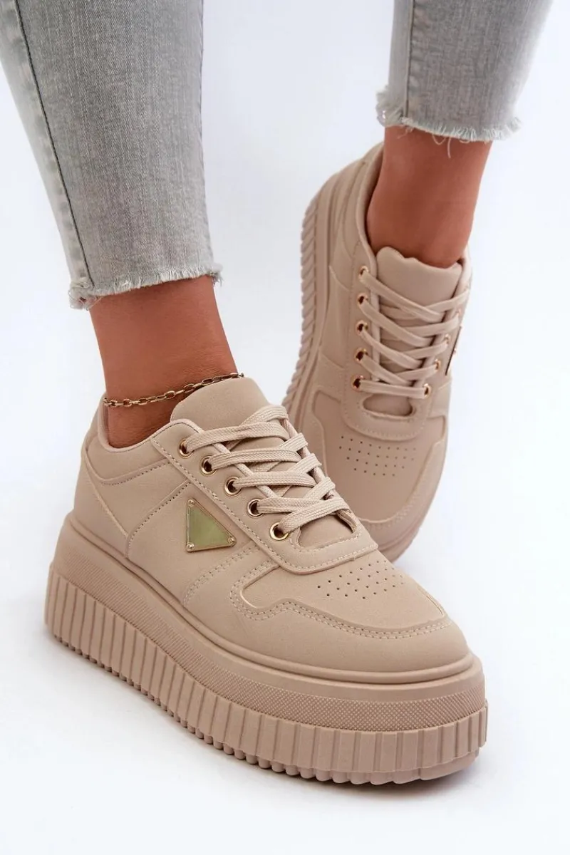 Outlet Sneakersy Damskie Z Eko Skóry Na Masywnej Platformie Beżowe Chrisstin Damskie Sneakersy Damskie