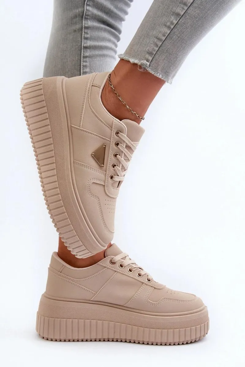 Outlet Sneakersy Damskie Z Eko Skóry Na Masywnej Platformie Beżowe Chrisstin Damskie Sneakersy Damskie