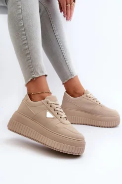 Outlet Sneakersy Damskie Z Eko Skóry Na Masywnej Platformie Beżowe Chrisstin Damskie Sneakersy Damskie