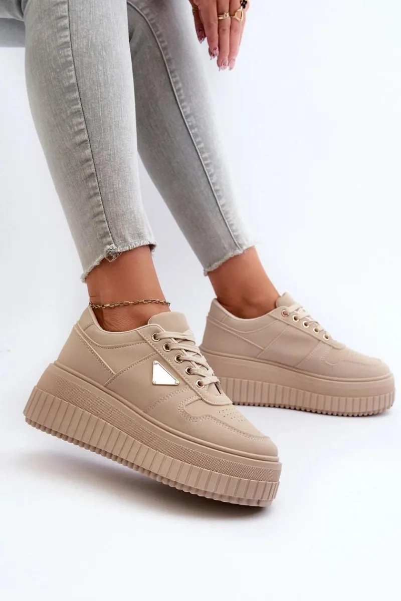Outlet Sneakersy Damskie Z Eko Skóry Na Masywnej Platformie Beżowe Chrisstin Damskie Sneakersy Damskie