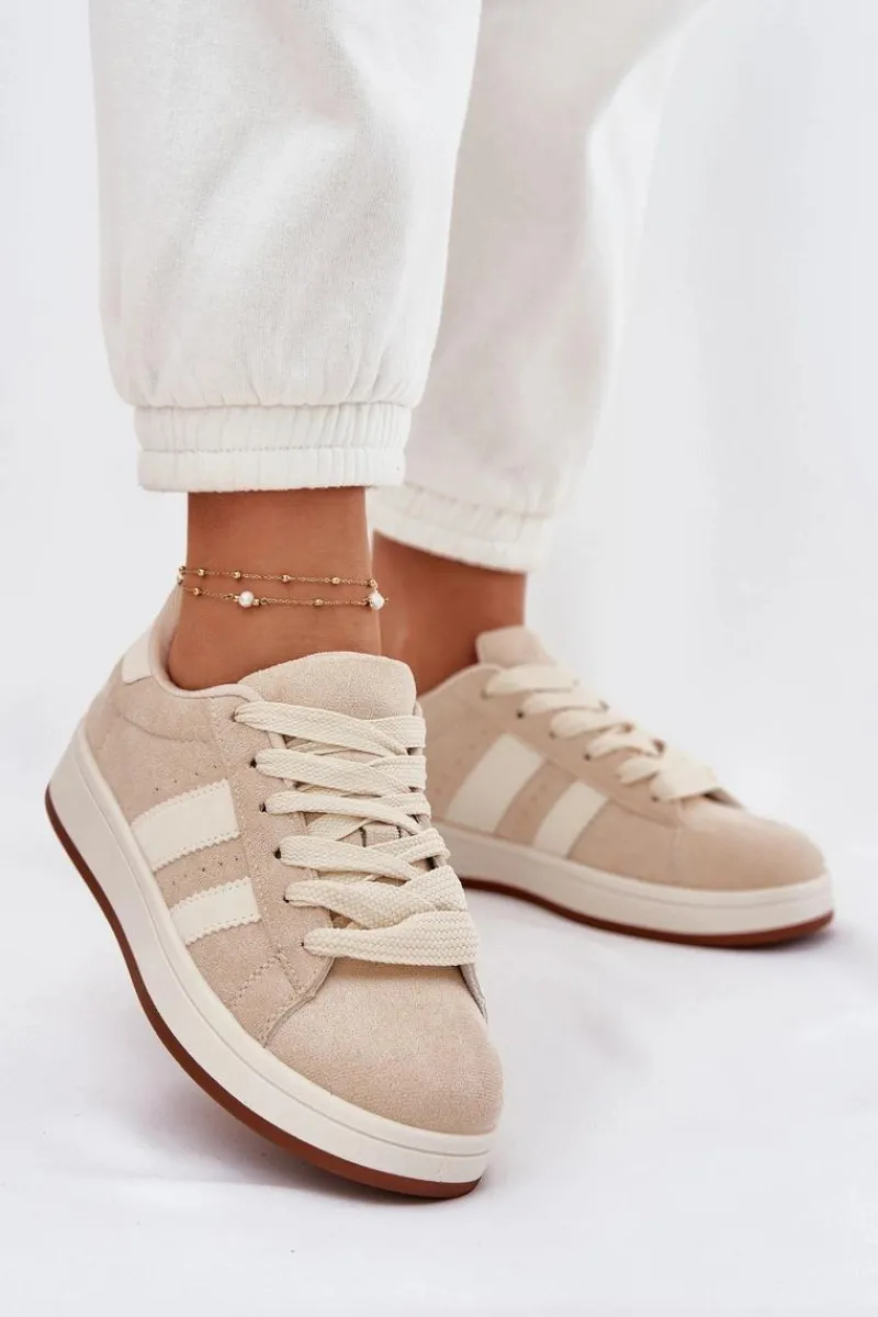 Sneakersy Damskie>Evento Sneakersy Damskie Z Eko Zamszu Beżowe Arlenina Beżowy