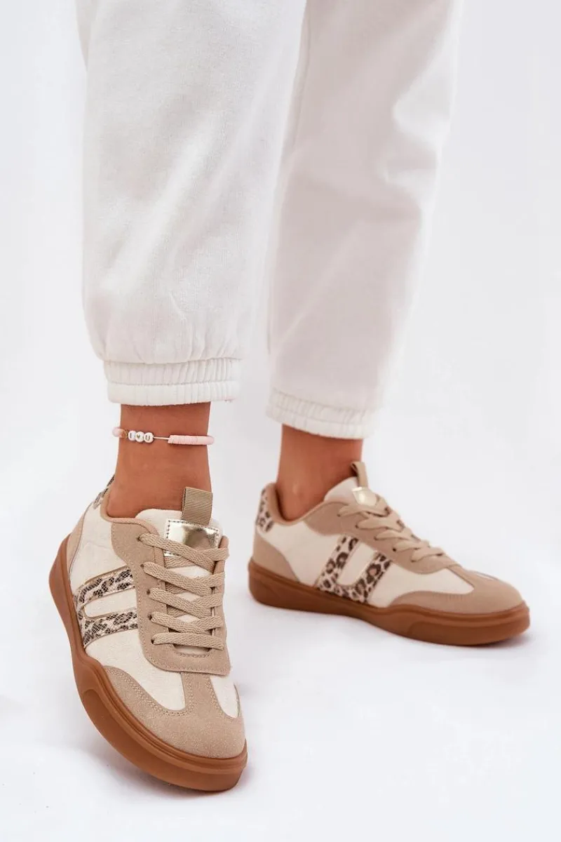 Discount Sneakersy Damskie Z Eko Zamszu Panterka Beżowe Satylies Damskie Buty Sportowe Na Platformie|Sneakersy Damskie