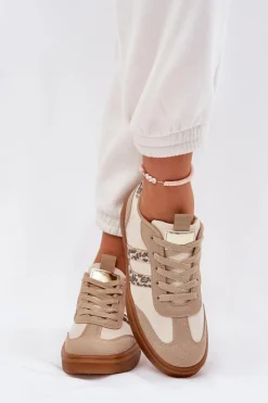 Discount Sneakersy Damskie Z Eko Zamszu Panterka Beżowe Satylies Damskie Buty Sportowe Na Platformie|Sneakersy Damskie