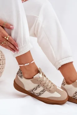 Discount Sneakersy Damskie Z Eko Zamszu Panterka Beżowe Satylies Damskie Buty Sportowe Na Platformie|Sneakersy Damskie