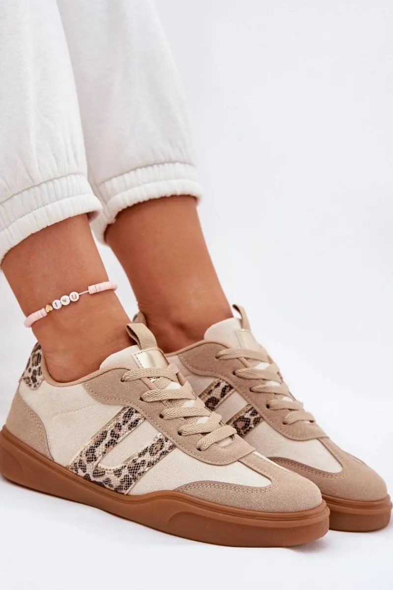 Discount Sneakersy Damskie Z Eko Zamszu Panterka Beżowe Satylies Damskie Buty Sportowe Na Platformie|Sneakersy Damskie