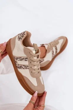 Discount Sneakersy Damskie Z Eko Zamszu Panterka Beżowe Satylies Damskie Buty Sportowe Na Platformie|Sneakersy Damskie