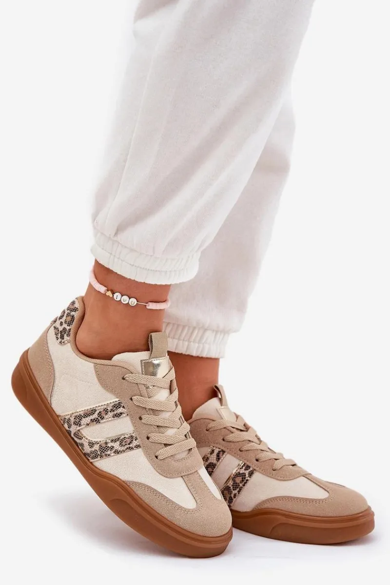 Discount Sneakersy Damskie Z Eko Zamszu Panterka Beżowe Satylies Damskie Buty Sportowe Na Platformie|Sneakersy Damskie