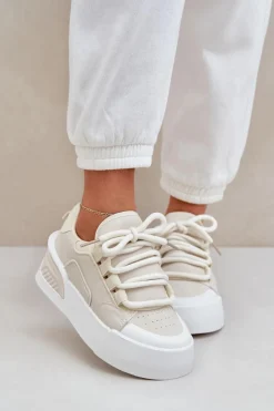 New Boto Sneakersy Damskie Z Grubymi Sznurówkami Na Platformie Beżowe Laloma