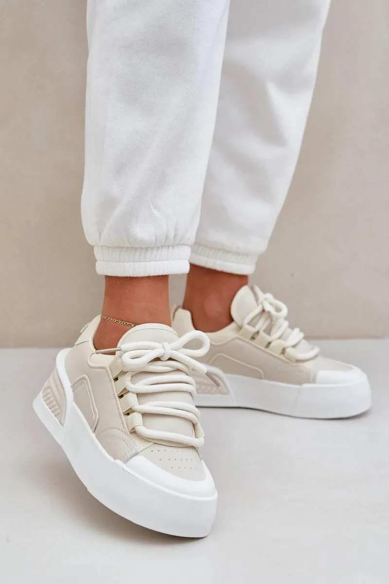 New Boto Sneakersy Damskie Z Grubymi Sznurówkami Na Platformie Beżowe Laloma