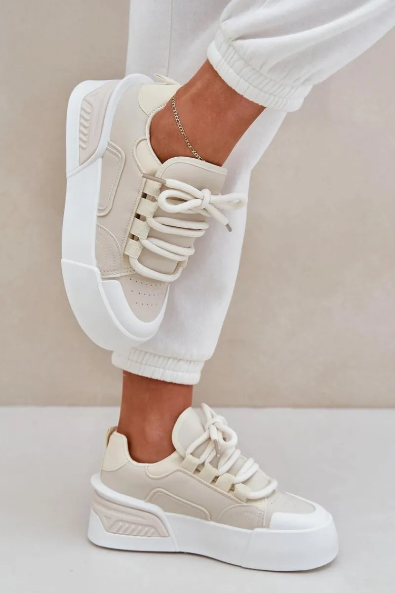New Boto Sneakersy Damskie Z Grubymi Sznurówkami Na Platformie Beżowe Laloma
