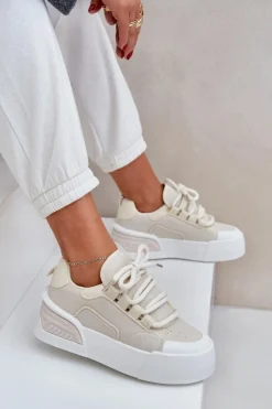 New Boto Sneakersy Damskie Z Grubymi Sznurówkami Na Platformie Beżowe Laloma