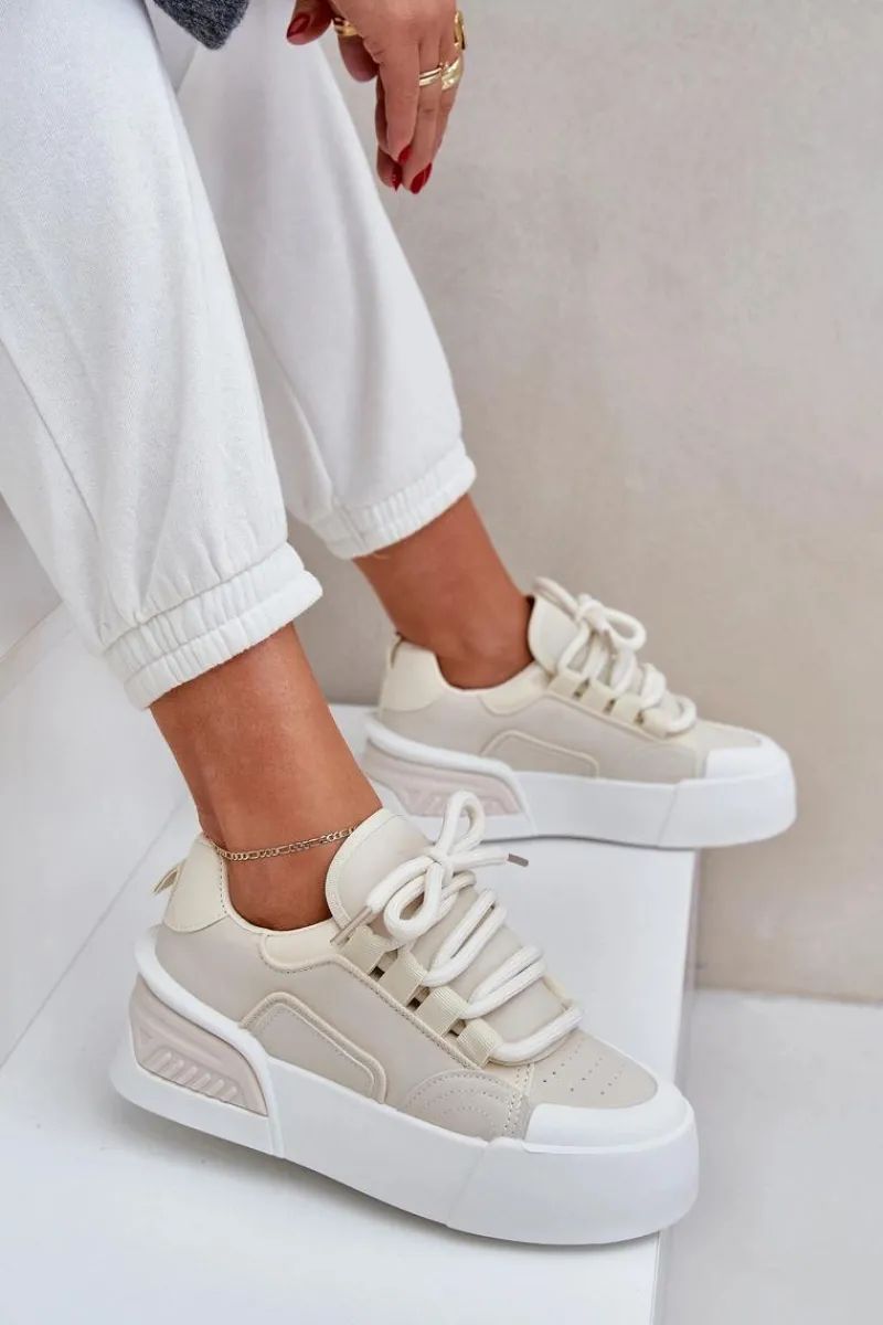 New Boto Sneakersy Damskie Z Grubymi Sznurówkami Na Platformie Beżowe Laloma