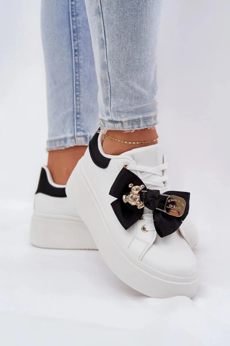 Buty Sportowe Na Platformie|Sneakersy Damskie>Boto Sneakersy Damskie Z Kokardką I Broszką Z Misiem Biało-Czarne Leathria