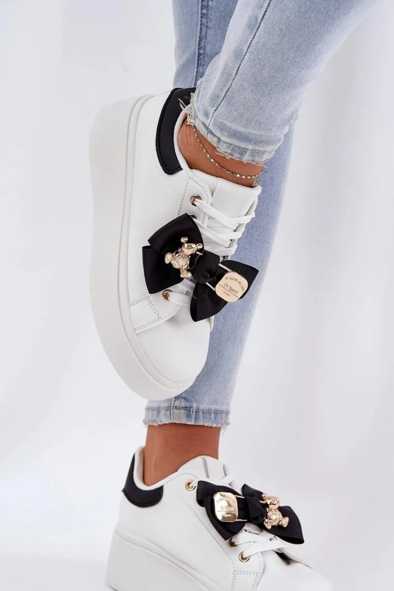 Buty Sportowe Na Platformie|Sneakersy Damskie>Boto Sneakersy Damskie Z Kokardką I Broszką Z Misiem Biało-Czarne Leathria