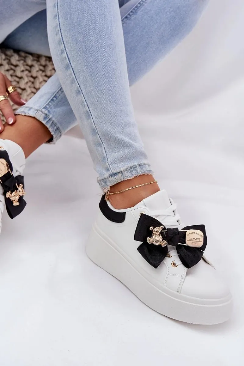 Buty Sportowe Na Platformie|Sneakersy Damskie>Boto Sneakersy Damskie Z Kokardką I Broszką Z Misiem Biało-Czarne Leathria